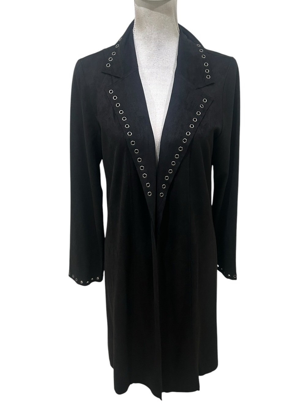 Nwot Vocal black faux Suede Long duster gunmetal studded open front Jacket